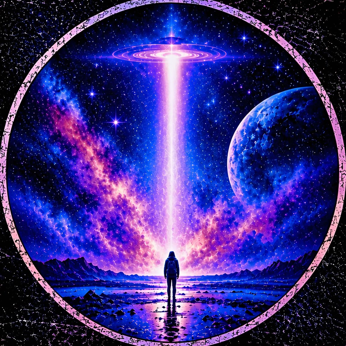A lone figure on a dark shore stands in a beam of light from a hovering craft, beneath a violet galaxy and a blue planet.